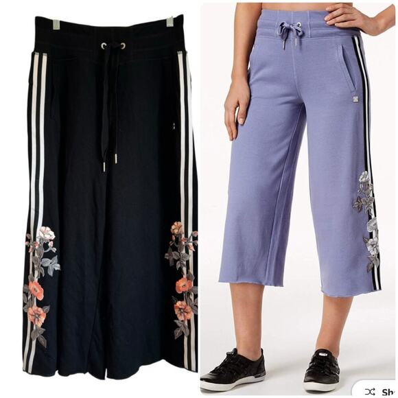 Calvin Klein Performance Floral-Trim Wide-Leg Culotte Pants Black Size M NWOT - Picture 1 of 13